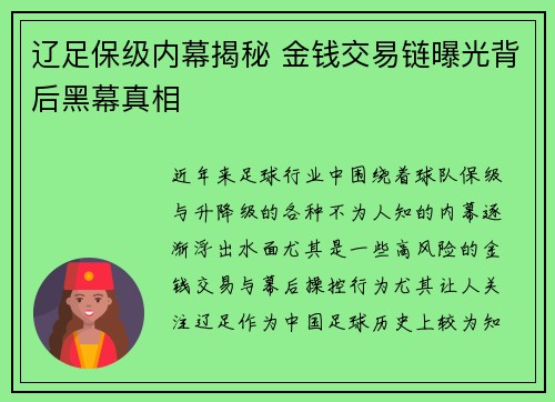 辽足保级内幕揭秘 金钱交易链曝光背后黑幕真相